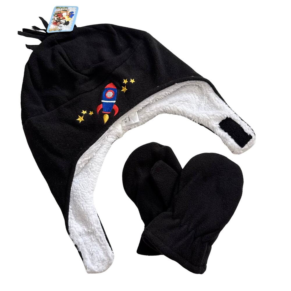 SimpliKids Rocket Fleece Sherpa Lined Kids Winter Hat & Mittens Set 5-7 Years
